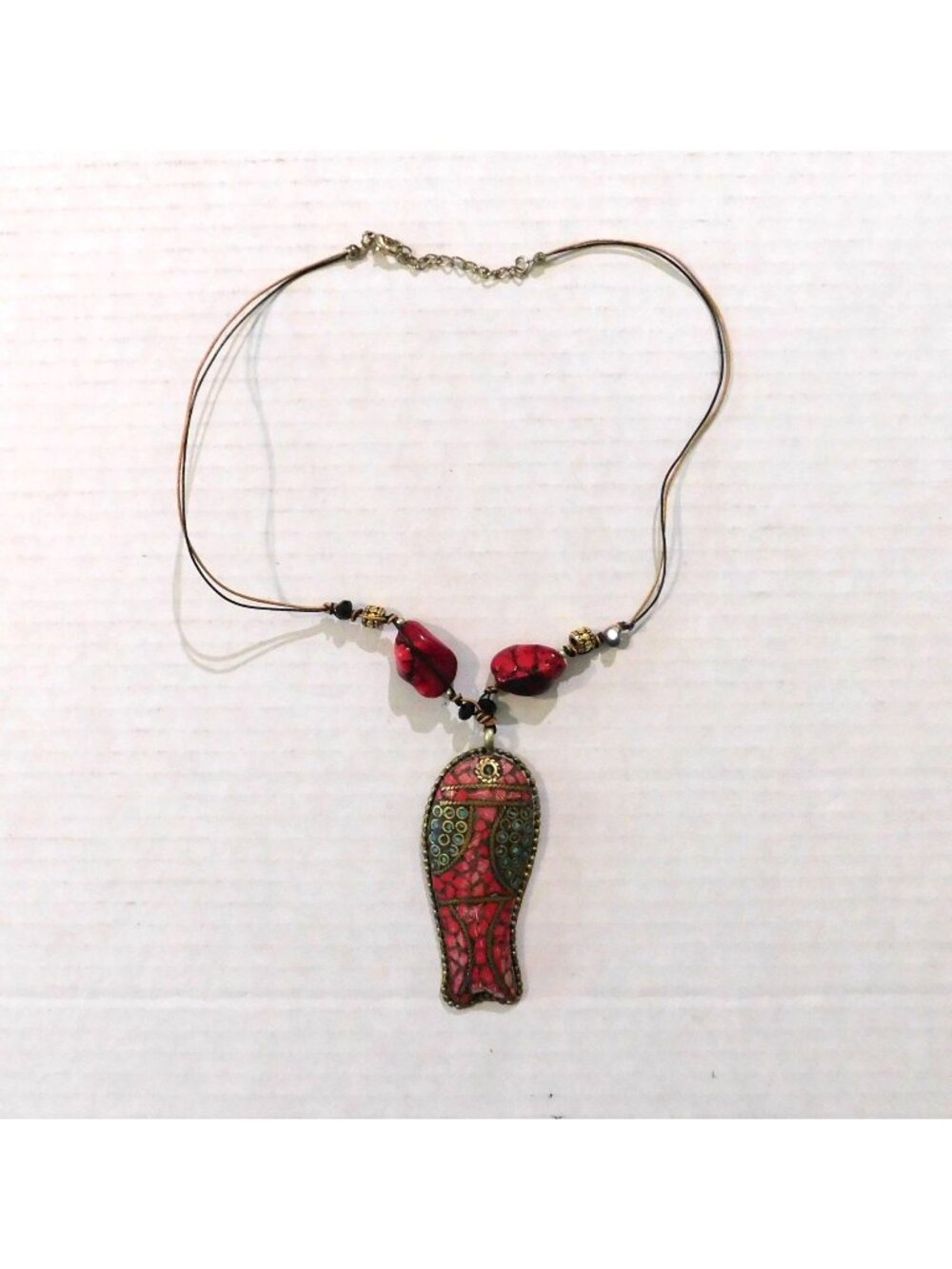 Bohemian Style Double-Strand Necklace Red Beads Mosaic Fish Pendant Artisan Cord